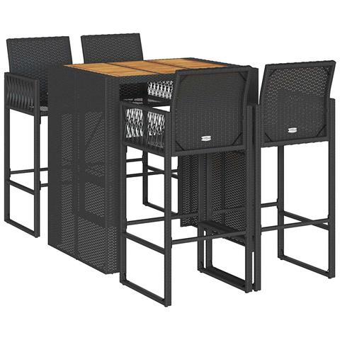 Set Bar Da Giardino 5pz Senza Cuscini Nero In Polyrattan Acacia - Foto 2