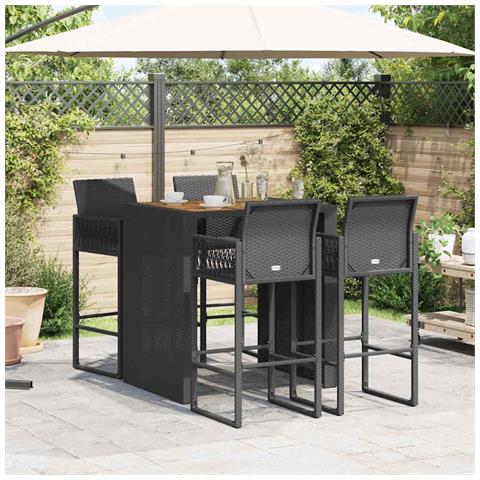 Set Bar Da Giardino 5pz Senza Cuscini Nero In Polyrattan Acacia - Foto 3