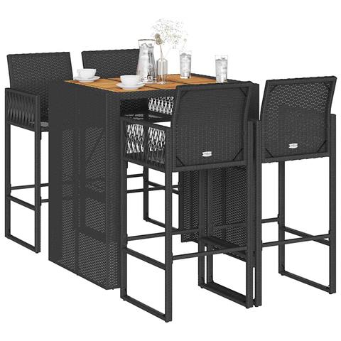 Set Bar Da Giardino 5pz Senza Cuscini Nero In Polyrattan Acacia - Foto 1