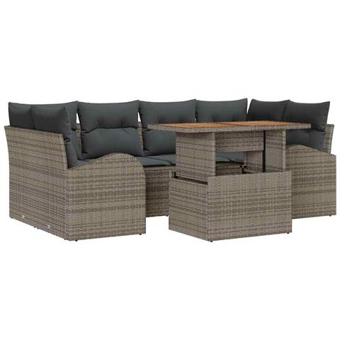 Set da pranzo da giardino 7 pezzi con cuscini grigi in rattan polietilene e acacia - Foto 1