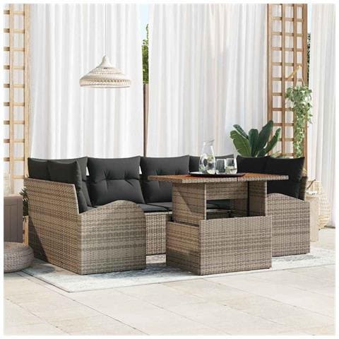 Set da pranzo da giardino 7 pezzi con cuscini grigi in rattan polietilene e acacia - Foto 2