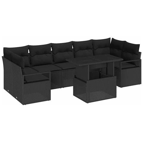 Set Divano da Giardino a 8 Pezzi con Cuscini Nero Polirattan,  Divano da Giardino a 2 Posti con Cuscini Nero Polirattan - Foto 1