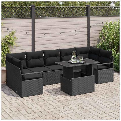 Set Divano da Giardino a 8 Pezzi con Cuscini Nero Polirattan,  Divano da Giardino a 2 Posti con Cuscini Nero Polirattan - Foto 2