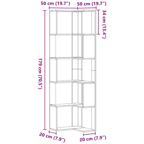 Scaffale angolare  a 5 ripiani in rovere nero 50x50x179 cm in legno ingegnerizzato - Foto 8