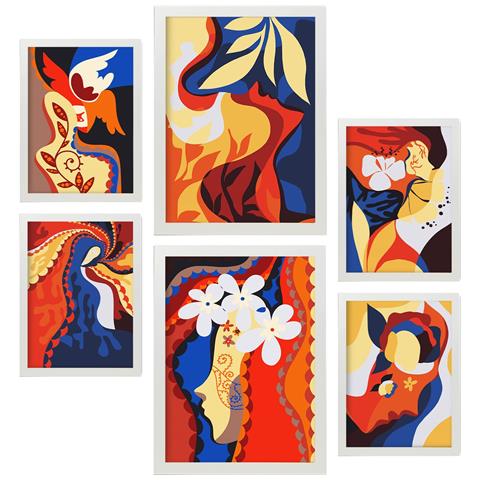 Set Di 6 Stampe Delicato Collage Di Dipinti Decorativi Estetici Astratti Femminili Per Il Tuo Soggiorno Di Casa A3 & A4 Cornice Bianca - Foto 1