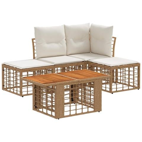 Set Divano da Giardino 5 pz Naturale e Bianco Crema polyrattan - Foto 1