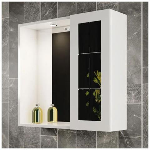 Specchiera Bagno Mobiletto Pensile In Legno Bianco Laccato Con Anta A Specchio Stile Inglese Con Luce Led Ed Interruttore Sally - Foto 2