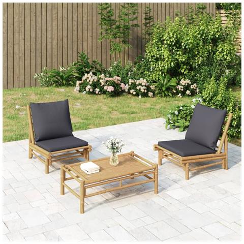 Set Salotto Da Giardino 3pz Con Cuscini Grigio Scuro Bambù - Foto 1