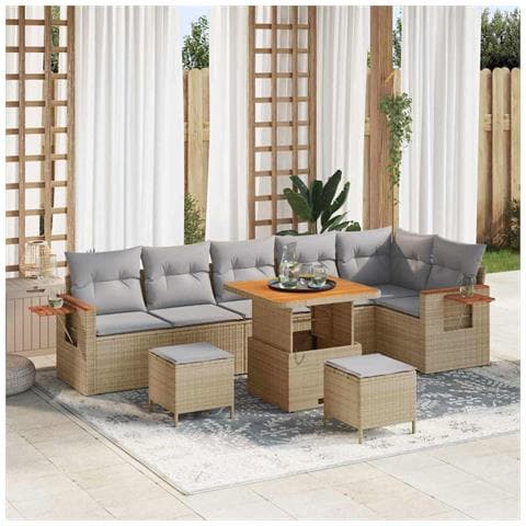 Set di Divani da Giardino 9 Pezzi con Cuscini Beige Polyrattan Acacia, Set da Pranzo Giardino 3 Pezzi con Cuscini Beige Polyrattan Acacia - Foto 2