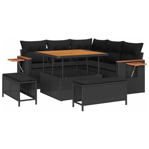 Set Divano da Giardino  8 pezzi con Cuscini Nero Polyrattan Acacia, Set da Pranzo da Giardino  3 pezzi con Cuscini Nero Polyrattan Acacia - Foto 1