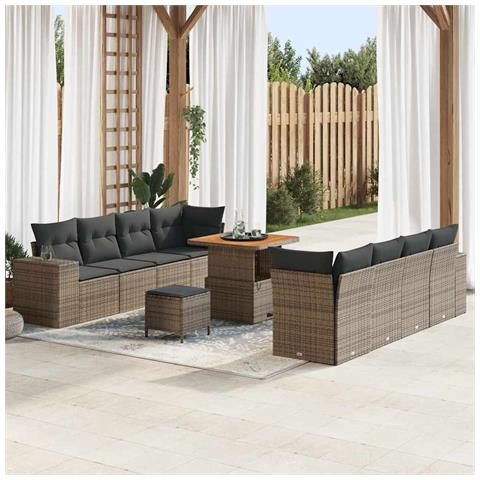 Set Divano Giardino 11 Pezzi con Cuscini Grigio Polyrattan Acacia,  Set da Pranzo Giardino 3 Pezzi con Cuscini Grigio Polyrattan Acacia - Foto 2