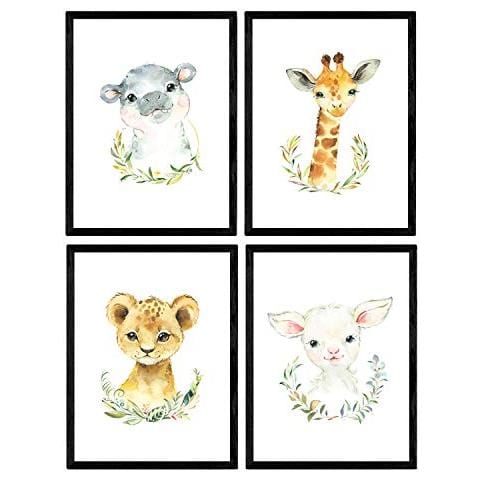 Set Di 4 Stampe Fogli Con Le Illustrazioni Di Animali. Poster Con Le Immagini Dei Bambini Animali. Girafa Capra Ippopotami E Leoni Senza Cornice A4 - Foto 1