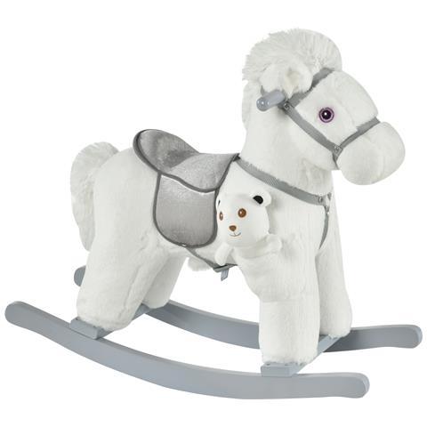 Cavallo A Dondolo In Peluche E Legno Con Suoni E Orsetto Per Bimbi Da 18-36 Mesi, Bianco - Foto 1