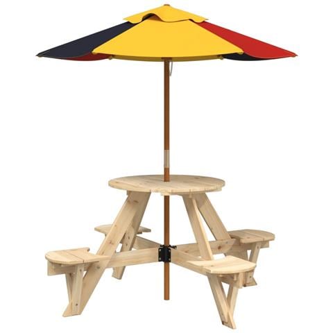 Tavolo Picnic Per 4 Bambini Con Ombrellone Rotondo Legno Abete - Foto 2