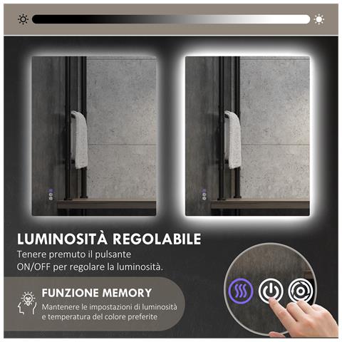 Specchio da Bagno Anticondensa con Luminosità e Colore Regolabili, in Vetro e Lega di Alluminio, 80x60x4 cm - Foto 6