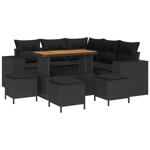 Set di Divani da Giardino  9 Pezzi con Cuscini Nero Polyrattan Acacia, Set di Pranzo da Giardino  4 Pezzi con Cuscini Nero Polyrattan Acacia - Foto 1