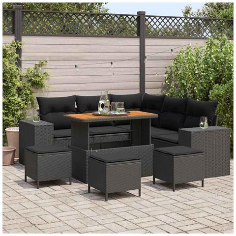 Set di Divani da Giardino  9 Pezzi con Cuscini Nero Polyrattan Acacia, Set di Pranzo da Giardino  4 Pezzi con Cuscini Nero Polyrattan Acacia - Foto 2