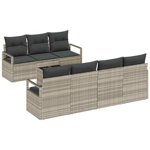 Set divani da giardino  da 8 pezzi con cuscini in polyrattan grigio chiaro, Divano da giardino 2 posti  con spazio di stoccaggio e cuscini in polyrattan grigio - Foto 1