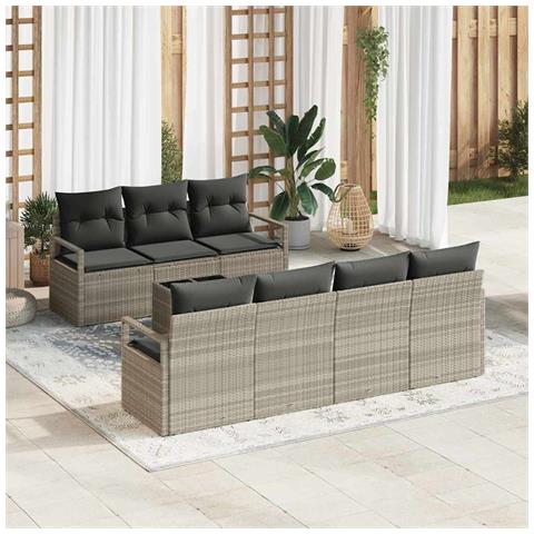 Set divani da giardino  da 8 pezzi con cuscini in polyrattan grigio chiaro, Divano da giardino 2 posti  con spazio di stoccaggio e cuscini in polyrattan grigio - Foto 2