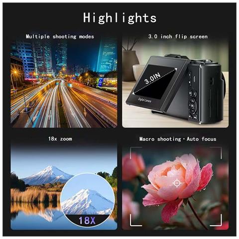 Microcamera Singola 4k Vlog Con Schermo Rotante - 75 Mp, Zoom 18x, Bianca Black - Foto 2