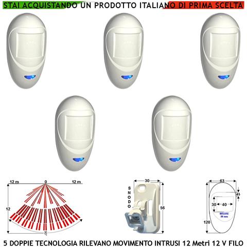 Doppia Tecnologia Grandangolo 5 Sensori Di Movimento X Allarme Portata 12 Mt Da Interno Rilevano Intrusi Alim. 12 V As - Foto 1