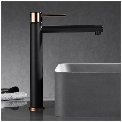 Imex Miscelatore Lavabo Alto Monocomando Nero Opaco E Oro Rosa Corpo Ottone E Zama Cartuccia Ceramica 25 Mm Tubi Flessibili 3-8 Serie Milos Modello Stick Imex-bdys045-3nor - Foto 1