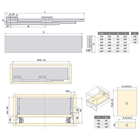 Kit Cassetto Cucina O Bagno Con Guide Ad Estrazione Totale E Chiusura Soft, Altezza 138mm E Profondità 350mm, Grigio Antracite - Foto 2
