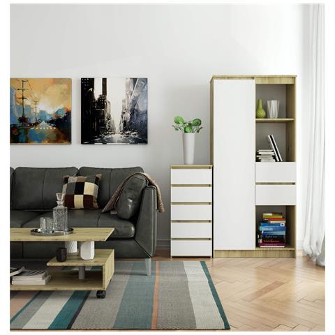 Cassettiera CL5, 5 cassetti, 40x35x92 cm, Colore Quercia Artisan e Bianco - Foto 5