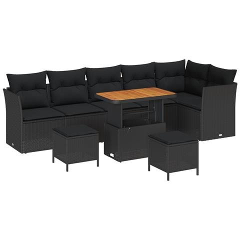 Set di Divani da Giardino  9 Pezzi con Cuscini Nero Polyrattan Acacia, Set di Ristorazione da Giardino  3 Pezzi con Cuscini Nero Polyrattan Acacia - Foto 1