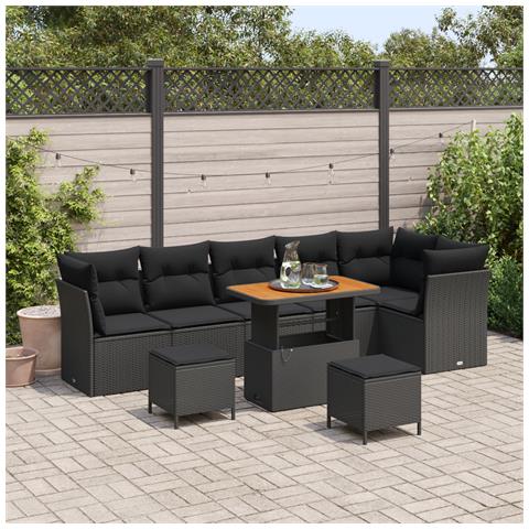 Set di Divani da Giardino  9 Pezzi con Cuscini Nero Polyrattan Acacia, Set di Ristorazione da Giardino  3 Pezzi con Cuscini Nero Polyrattan Acacia - Foto 2