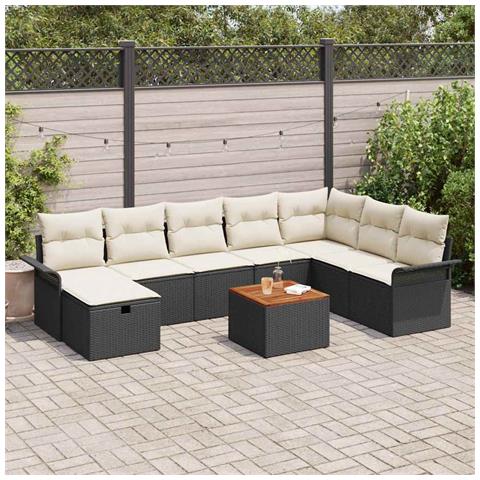 Set di divani da giardino da 9 pezzi con cuscini neri in polyrattan - Foto 2