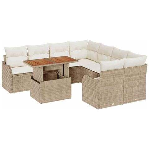 Set divani da giardino  da 9 pezzi con cuscini beige in rattan e acacia, Divano giardino  per 2 persone con cuscini beige in rattan - Foto 1