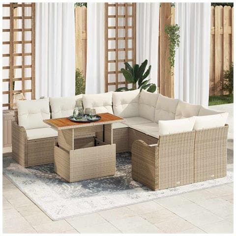 Set divani da giardino  da 9 pezzi con cuscini beige in rattan e acacia, Divano giardino  per 2 persone con cuscini beige in rattan - Foto 2