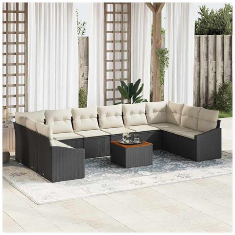 Set Divano Giardino 11 pezzi con Cuscini Nero Polyrattan Acacia - Foto 2