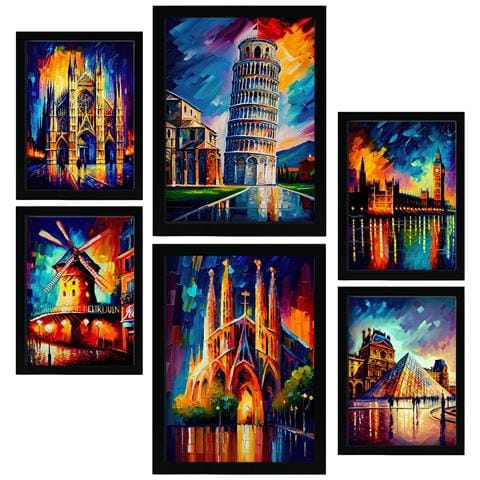 Set Di 6 Stampe Arancione In Stile Dipinto A Olio. Illustrazioni Di Monumenti E Città In Stile Fotografico A Colori. A3 & A4 Cornice Nera - Foto 1