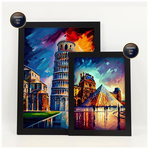 Set Di 6 Stampe Arancione In Stile Dipinto A Olio. Illustrazioni Di Monumenti E Città In Stile Fotografico A Colori. A3 & A4 Cornice Nera - Foto 2
