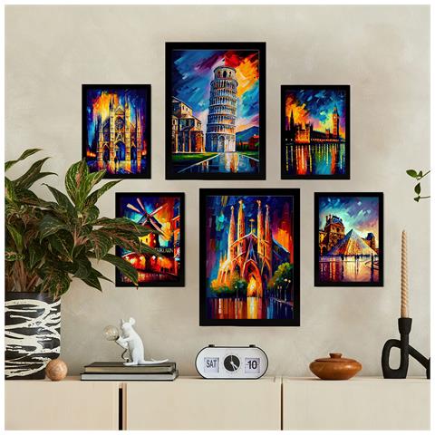 Set Di 6 Stampe Arancione In Stile Dipinto A Olio. Illustrazioni Di Monumenti E Città In Stile Fotografico A Colori. A3 & A4 Cornice Nera - Foto 5
