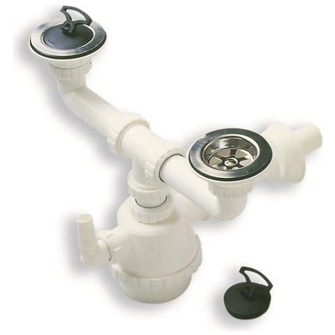 Sifone Due Vie Con Piletta E Scarico, Sifone A Due Vie Per Lavelli Diametro Mm. 40 Con Piletta 1''1/2 E Attacco Scarico Lavatrice - Foto 1