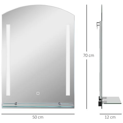 Specchio per Bagno con Luce LED Regolabile a 3 Colori e Mensola in Vetro, 50x12x70 cm, Argento - Foto 2