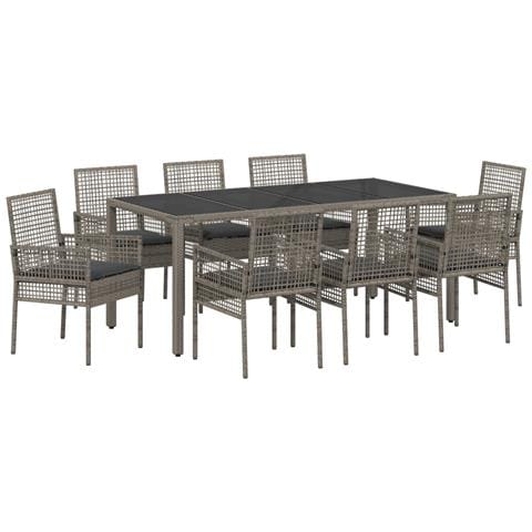 Set da Pranzo da Giardino 9 Pezzi con Cuscini Grigio in Rattan - Foto 1