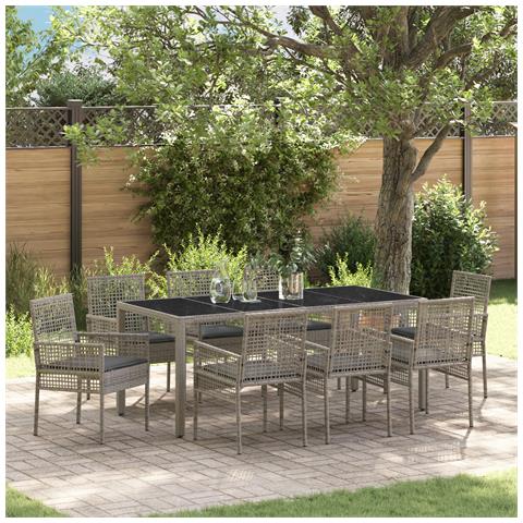 Set da Pranzo da Giardino 9 Pezzi con Cuscini Grigio in Rattan - Foto 2