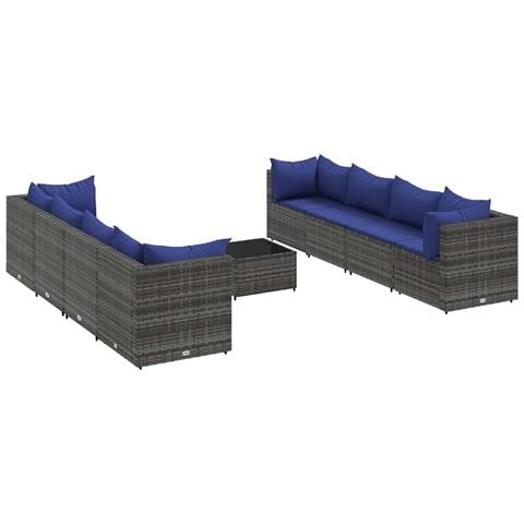 Set Divani da Giardino 9 pz con Cuscini in Polyrattan Grigio - Foto 1
