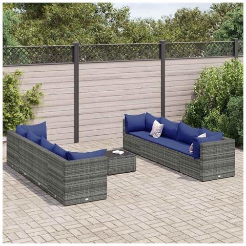 Set Divani da Giardino 9 pz con Cuscini in Polyrattan Grigio - Foto 2