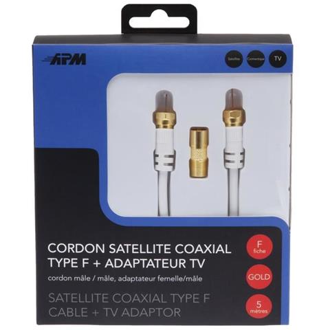 Cavo Satellitare Spina '' F '' - Maschio / Maschio - Bianco - 5m + Adattatore Spina F. - Foto 2