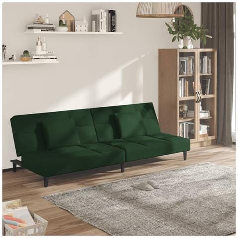 Divano Letto a 2 Posti con 2 Cuscini Verde Scuro in Velluto - Foto 2