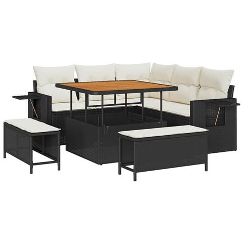 Set Divano da Giardino a 8 Pezzi con Cuscini Nero Rattan Polietilene Acacia, Set Pranzo da Giardino a 3 Pezzi con Cuscini Nero Rattan Polietilene Acacia - Foto 1