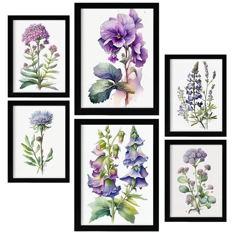 Set Di 6 Stampe Stampe Naturalistiche E Botaniche A Colori Viola Con Motivi Floreali Su Sfondi Bianchi Puri Per L'interior Design A3 & A4 Senza Cornice - Foto 1