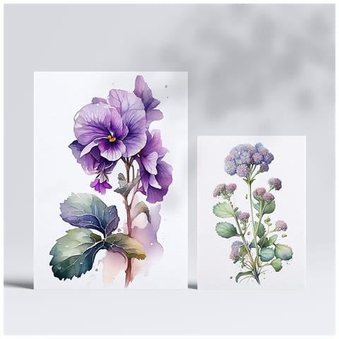 Set Di 6 Stampe Stampe Naturalistiche E Botaniche A Colori Viola Con Motivi Floreali Su Sfondi Bianchi Puri Per L'interior Design A3 & A4 Senza Cornice - Foto 2
