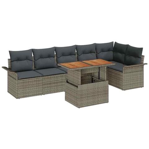 Set da pranzo da giardino 7 pezzi con cuscini in polirattan grigio e acacia - Foto 1