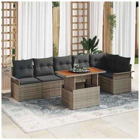 Set da pranzo da giardino 7 pezzi con cuscini in polirattan grigio e acacia - Foto 2